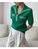 Coreano Moda Polo Colarinho T-shirt Temperamento Navy Colégio De Manga Curta Knitwear Verão Top Mulheres Roupas 210520