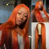 Orange Ginger Straight Simulatiion Mänskliga Hår Parykar Naturliga Hårlinje Brasiliansk Syntetisk Kroppsvåg Lace Front Wig För Kvinnor Blekt Knots