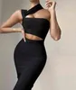 Women Summer Sexy Hollow Out Brown Midi Knee Length Bodycon Bandage Dress 2021 Designer Elegant Evening Party Dress Vestido G1214