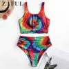 Zaful mulheres swimwear biquíni conjunto nó ruched arco-íris amarrar tankini tankini tanque tanque alto cintura alta sexy fêmea feminino terno de banho y0820