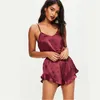 Été Deux Pièces Ensemble Femmes Pyjamas Vêtements De Nuit Sexy Backlesee Spaghetti Bandes Court Crop Tops Shorts 2 Pcs Vêtements De Nuit 210517