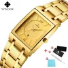 WWOOR Fashion Square Mens Watches Top Brand Luxury Gold Quartz Watch Men Stainless Steel Waterproof Wristwatch Relogio Masculino 210527