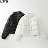 Fashion PU fabric Parkas reflective stripes Short stand-up collar jacket coat Thicken Warm Loose Outerwear Winter 210427