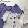 Kimutomo Vintage Örme T-shirt Yaz Kore Kelebek Nakış BM Stil Kısa Kızlar Mor Göğüslü Moda 210521