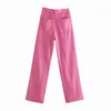 ZA Женщины тяненые прямые джинсы промывают полную длину высокой талии широко ногальные джинсовые брюки карманные свободные моды брюки 220114