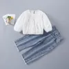2021 Wiosna Kids Girls 2-sztaki Zestawy Biały Różowy Długi Puff Elastyczna Talia Koszulki Dżinsowe Spodnie Dzieci Odzież 2569 Y2