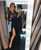 Vintage Black Long Sleeve Evening Dresses 2022 Sheer Appliques V Neck Split Evening Prom Gowns Women Occasion Wears BC10700