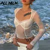 ALLNeon moda Y2K encaje Trim malla Crop Tops 90s estética Patchwork cuello cuadrado manga larga blanco Sexy camisetas verano camisetas Y0629