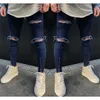 Garçons Hommes Mode Bleu Déchiré Skinny Stretch Biker Zipper Jeans Pantalon Pantalon X0621