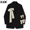 [EAM] Femmes Noir Grande Taille Bow Casual Blazer Revers Manches Longues Coupe Ample Veste Mode Printemps Automne 1DD7280 210512