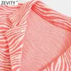 Zevity Women Animal Striped Print Short Jacquard Shirt Office Lady Pocket Bröstblomma Chic Sommar Retro Crop Tops LS9308 210603