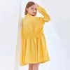 Sznurek Elegancka Dress Dla Kobiet Stojak Kołnierz Puff Sleeve Casual Luźne Suknie Kobiet Moda Wiosna 210520