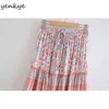 Старинные цветочные принты Boho длинные юбки женские Drawstring Elastic Высокая талия Большие качели праздник Летние Maxi Saia 210430