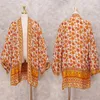Blusas de mujer Camisas 2021 Túnica de algodón naranja Kimono largo Bohemio Impreso Vestido con cinturón para mujer Ropa de verano para el hogar Blusa de moda S