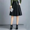 High Waist Leather Sheepskin A-Line Skirts Elegant Black Skirt Korean Womens Female Indie Folk Knee Length Ladies Office Skirt 210619