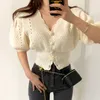 Damesjas Korea Chic Mode Elegante V-hals Hollow Slanke Single-Breasted Short Bubble Sleeve Sweaters Coat Top 210514