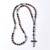 Ónix negro Natural con piedra de ojo de tigre, collares de Rosario de Cristo católico, colgante de Cruz de hematita, collar para hombres, joyería de meditación