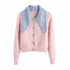 Femmes doux mode bijou bouton recadrée tricoté Cardigan pull Vintage à manches longues vêtements de dessus pour femmes Chic hauts 210520