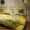 Svetanya Golden Pastoral Birds Prestiżowy Satyna Egipska Bawełniana Pościel Zestaw Pościel Królowa King Size Duvet Cover Set Dopasowany arkusz 210319