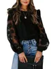 Chronstyleshirt Mode Kvinnor Svart Mesh Sheer Transparent Patchwork Långärmad Blus Stilfullt Chic Ol Basic Tops Floral Shirt X0521