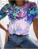 レディースTシャツタイ染料花プリントストリートウェアカジュアルOネック半袖プラスサイズ面白い2021夏の花トップス女性基本ティー