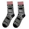 Thick Knit Thermal Terry Socks White Black Cozy Winter Hosiery For Women Girl Geometry Pattern