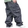 Plus Size Loose Baggy Cargo Pants Men Casual Outdoor Cotton with Big Pocket Straight Wide Leg Trousers Male Clothes 210715