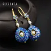 925 Prata esterlina Handmade Pérola de água doce Buddhist Escrituras Cloisonne Artesanato Droping Brincos Vintage Dangle Brinco para Mulheres 210317