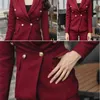 高品質の仕事のパンツのスーツOL 2ピースセット女性の210520のための二重胸赤のピンクのブレザージャケットズボン