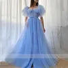 Babyblaues Abendkleid mit herzförmigem Ausschnitt und Schleifengürtel, Schärpe, Falten, Tüll, bauschige, kurze Ärmel, Reißverschluss, Abendkleid, A-Linie, Tüll