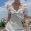 Mode Vit Klänning Sommar Kvinnors Style Mesh Puff Sleeve V-Neck Open Back Doll Dress Short Dress 210514