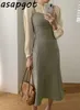 O Шея плиссированная блузка слойки с длинным рукавом прозрачные рубашки Slim Mid-длиной Спагетти ремешок платье офис леди мода 2 частей набор 210610
