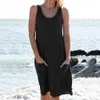 Kvinnor Sommarklänning Casual O Neck Ärmlös Pocket Patchwork Loose Cotton Tank Klänning Plus Storlek Kvinna Solid Beach Party Vestidos 210507