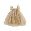 Champagn Mädchen Pailletten Kleid für Kinder Party Kleid Tiered Prinzessin mit Schleifen Schöne Ins Mode Hochzeit Kostüm 210529