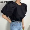 Blouses & Shirts Women's Clothing Chic Casual Summer Wild Lace Up O Neck Puff Short Sleeve White Blouse Women Loose Tops 210429