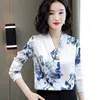 Koreańskie kobiety jedwabne koszulki bluzki kobieta satyna kwiatowy bluzka koszule z długim rękawem topy drukuj top plus rozmiar 210427