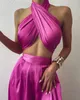 Femmes Satin Crop Tops Chic High Street Couleur Solide Creux Croix Halter Débardeurs Summer Party Club BacklTie Up Tops X0507