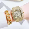 Relógios relógios de relógios para mulheres homens luxo hip hop cheio de relógios de ouro com cadeia cubana quadrado quadrado pulseira conjunto
