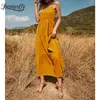 Damskie Lato Cami Smock Dress Loose Regulowany Spaghetti Pasek Bez Rękawów Kobiet Solid Casual Maxi Długie 210510