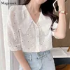 Korean Sweet Hollow Embroidery Chiffon Shirt Female Short Sleeve Turn-down Collar Women Blouses Summer Fashion Tops Blusas 14194 210512