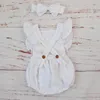 Ekologisk bomull Barnflicka Kläder Sommar Dubbel Gaze Barn Ruffle Romper Jumpsuit Headband Dammig Rosa Playsuit För Född 210816