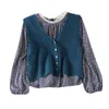 Autumn Style Korean V-neck Knitted Cardigan Sleeveless Vest + Retro Floral Chiffon Shirt Two-piece Female GX1122 210507