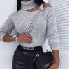 Pull tricoté évidé pulls femme une épaule ceinture col roulé surdimensionné streetwear décontracté vintage haut 210427