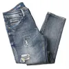 Włoski Vintage Moda Mężczyźni Jeans Retro Niebieski Elastyczne Bawełniane Slim Fit Ripped Streetwear Designer Hip Hop Spodnie Dżinsowe E3LN