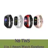 Qualité N8 TWS Bluetooth Écouteurs sans fil 2 en 1 Bracelets Podomètre Moniteur de fréquence cardiaque Sports Fitness Contrôle tactile Montres Sleep Tracker Bracelets intelligents