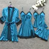 여성 파자마는 가운 폴리 에스터 잠옷 4 조각 나이트웨어 Pijama Feminino 스파게티 스트랩 잠옷 레이스 210831