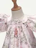 Robe en Satin pour bébé, imprimé Floral, dentelle contrastée, manches bouffantes, ourlet à volants, elle