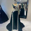 Caftan Velvet 2022 Mermaid Prom Dresses With Detachable Train Long Sleeve Lace Beaded Evening Wear Second Reception Gowns