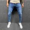 Moda homens zíper denim longo buraco buraco rasgado vintage cores sólidas hip hop estiramento alta cintura jeans skinny calças calças # 35 x0621