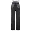 Mode Patchwork Skinny Straight Jean High Waist Pocket Sexig Färg Block Street Long Grey Denim Pants 210809
